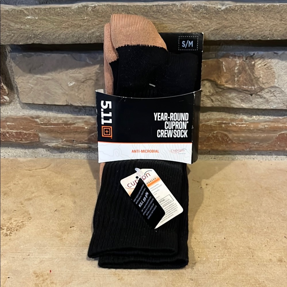 5.11 Tactical Cupron Year-Round Crew Socks - Black and Tan One Pair